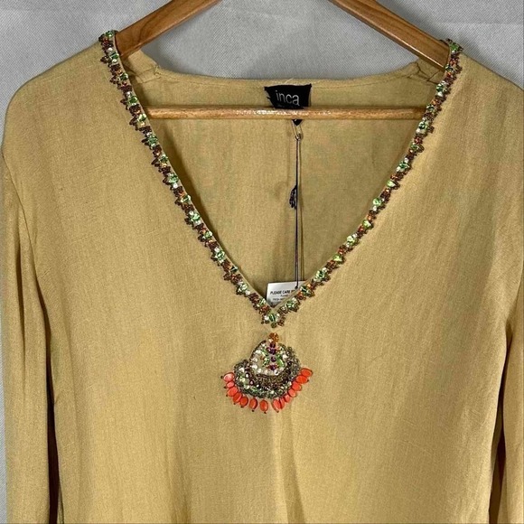 Inca Linen V Neck Long Sleeve Tunic Swim Coverup Dress Size Medium Brown - Picture 9 of 9